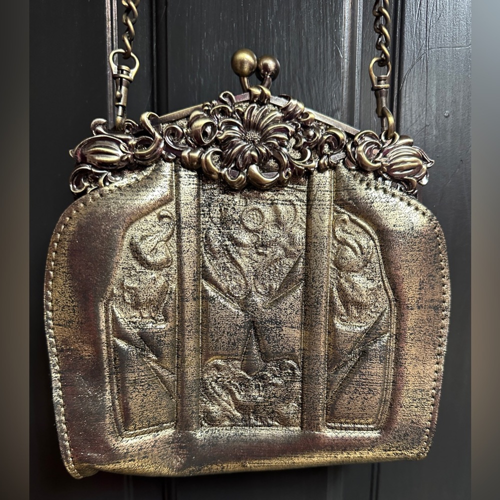 Patricia Nash Mini Crossbody/Clutch Antique Gold Tooled Leather Chain Strap